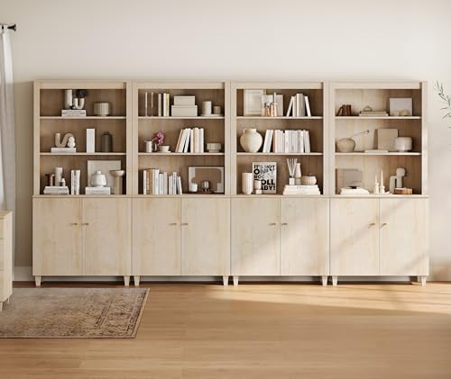 Image of WAMPAT 71 inch Tall Bookcase with Doors & Storage Cabinet, 4 Column Modern 5-Tier Bookshelf with Adjustable Shelf, 142 inch Wide Wooden Display Book Shelf for Home Office, Living Room, Bedroom, Light Oak