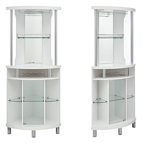 Home Source White Corner Bar Cart 72" Built-In Wine Rack, And Lower Glass Cabinet, Living Room, Home Office, Kitchen, Small Space #TOP1