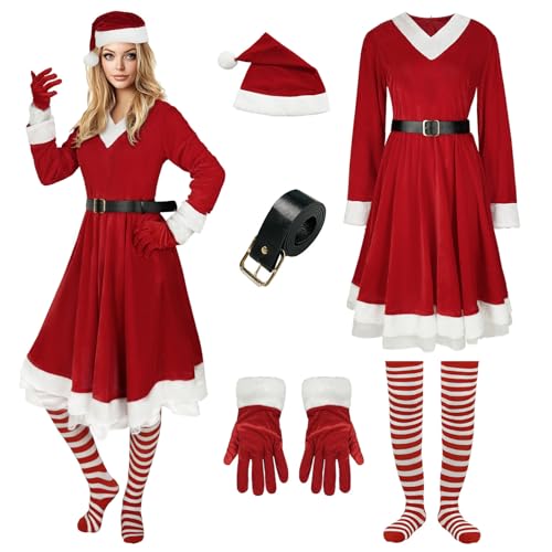 Teyujosem Women’s Elf Costume Set Santa Helper Costume 5 PCS for Christmas(2022054,S)