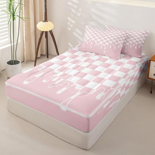 Image of White Pink Checkered Easy Wash Zipper Bedding Full,Checkerboard Drip Removable Cover Comforter Set with Deep Pocket Fitted Sheet,Y2K Aesthetic Geometric Soft Breathable Bed in a Bag for Dorm Bedroom