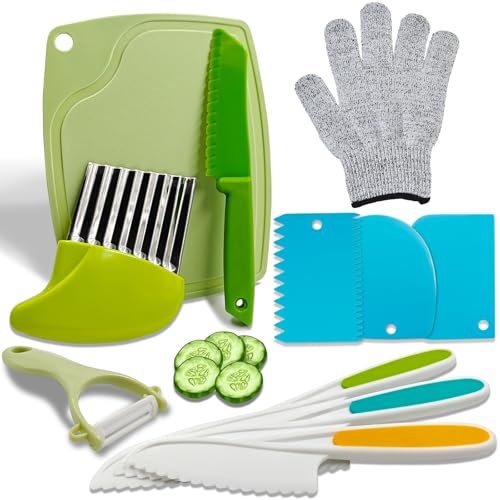 Image of GzfunTeng 11 Pcs Montessori Kitchen Tools for Toddlers, Toddler Cooking Set Include Cutting Board, Crinkle Cutter, Peeler, Kids Knife Set for Real Cooking & Cutting Fruit, Bread, Lettuce, Cake