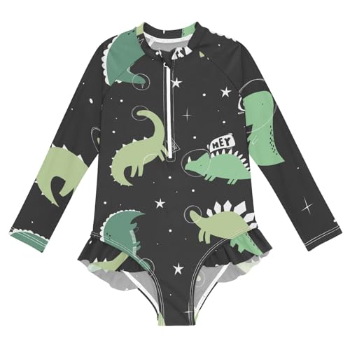 Girls One Piece Swimsuits Long Sleeve Swimsuit Zipper Bathing Suits Green Dinosaur Black Galaxy