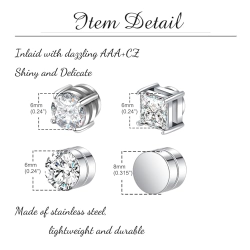 Image of 8pcs Magnetic Earrings for Men, Ear Cuffs Without Piercing, Stainless Steel Fake Non Piercing Studs, Clip On Earrings in Silver Black for Men and Women