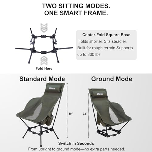 Wildhiker HuggleMode Silla plegable de camping con respaldo alto, 2 alturas de asiento - Verde miniatura 3