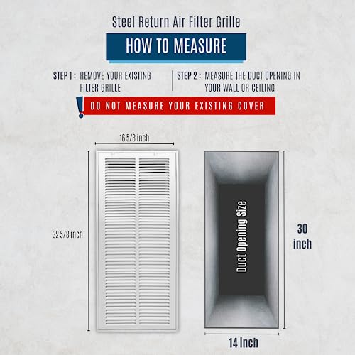Image of Fits 14x30 Duct Opening | Steel Return Air Filter Grille by Handua [Removable Door] for 1-inch Filters | Vent Cover Grill | White | HVAC Cold Air Intake Grille | Out Dim: 16 5 /8 inchW X 32 5 /8 inchH