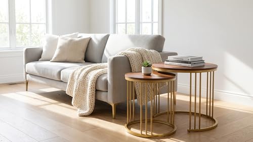Image of Modern Nesting Table Set of 2 - Round Coffee Table with Engineered Wood Top & Metal Frame, Side Tables for Living Room, Bedroom & Lounge (Gold & Brown)