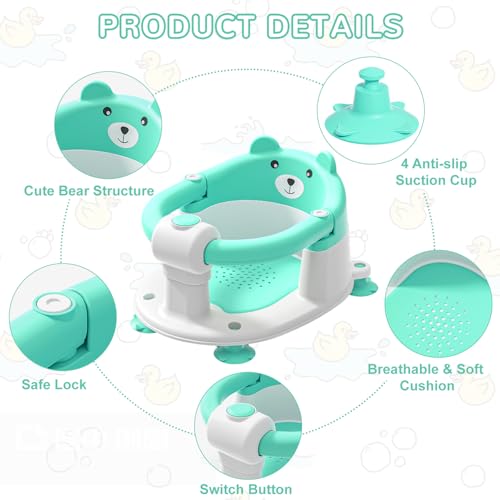 Image of Baby Bath Seat for Babies 6 Months & up, Non-Slip Toddler Bath Seats for Babies Sitting Up, Safe Infant & Newborn Bathtub Chair with 4 Suction Cups & Soft Cushion for Shower,Mint