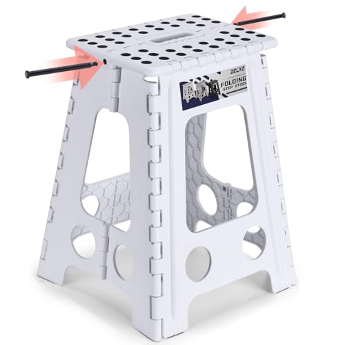 Image of Delxo Folding Step Stool 17.5 Inch White Step Stools for Kids Foldable,Portable Collapsible Step Stool with Handle, Folding Stool for Kitchen Bathroom,Bedroom,Garden