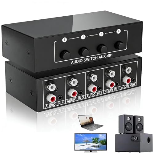 Tkxjry AUX Audio Switcher, Audio Video Splitter 4 in 1 Out, RCA / 3,5 mm Port 4 in 1 Out, Commutatore audio bidirezionale 3,5 Mm Aux + RCA L/R, Passivo Audio Switcher Per Cuffie Telefono Audio