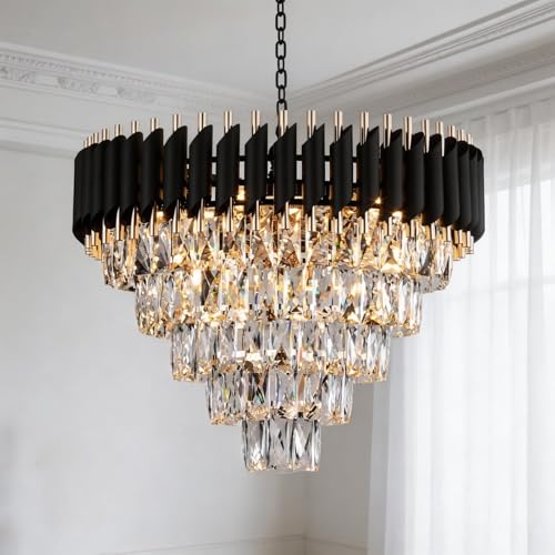 AKMNBDH Modern Black and Gold Crystal Chandelier 5-Tier Round Large for Living Room Dining Room Bedroom W60cm 12-Light E14 Base