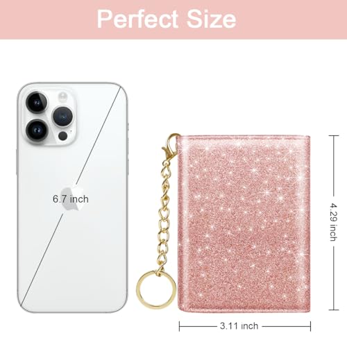 Image of Trifold Small RFID Blocking Wallet Pocket Cute Short Slim Sparkling Credit Card Holder Leather Keychain Ladies Mini Purse with ID Window, Glitter Rose Gold