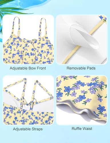 Image of Girls Tankini Swimsuit 2 Piece Bathing Suit Twist Cross Back Cutout Swim Tank Top Floral Print Swimwear for 7-18Y