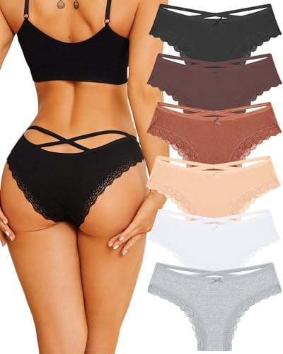 Image of ALL OF ME Women Cotton Underwear Sexy Criss Cross Lace Trim Low Rise Cheeky Bikini Panties 6 Pack