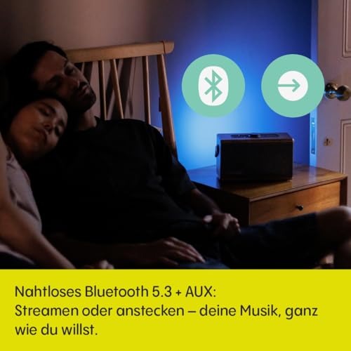 Pure Classic Aura Bluetooth-Lautsprecher 40 Watt, 30h Akku, Licht, USB-C, AUX, IPX2, 2-Wege-Stereo, EQ-Modi – Kaffeebraun mit Walnuss, Holzoptik
