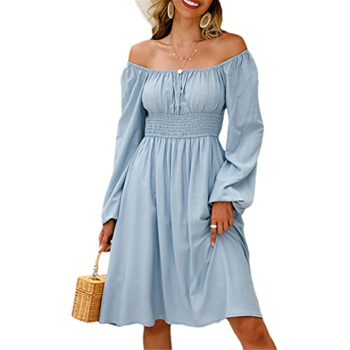 Robe midi rétro bleu clair pour femme avec manches lanternes élégantes en taille L