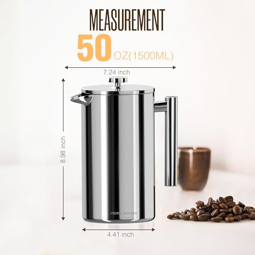 Utopia Kitchen 304 Grade Stainless Steel French Press Coffee Maker 50 Oz, Double Wall Insulated Coffee Press with 4-Level Filtration system, Include 2 Extra Filters, Rust-Free, Dishwasher Safe, Silver