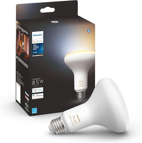 Philips Hue White Ambiance BR30 LED smart bulb with Bluetooth compatibility and packaging, featured in a review comparing smart home platforms like Home Assistant and Homebridge.