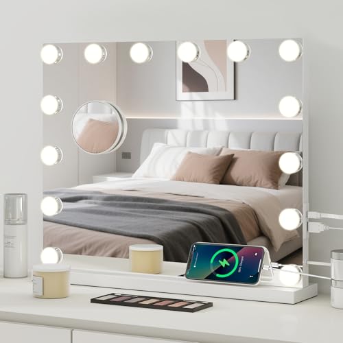 eklipt Hollywood Vanity Mirror with Lights, 50×42cm Large Lighted Makeup Mirror with 14 Dimmable LED Bulbs, Touchscreen Control, USB Output Port Tabletop or Wall Mounted Light Up Mirror For Bedroom