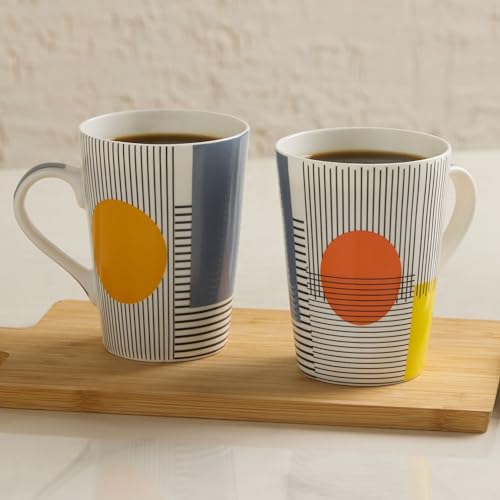 Image of United Colors of Benetton Bone China Coffee Mug Set of 2 - 320ml Each, Printed Tea Cups for Coffee, Milk & Hot Beverages - Microwave & Dishwasher Safe, Ideal Gift Set for Home & Office