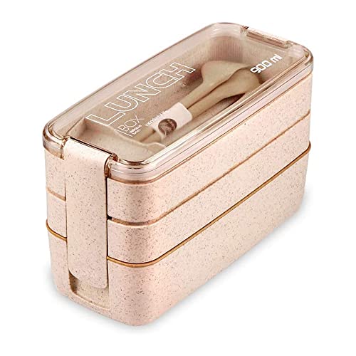Bento Adults Lunch Box | 3-in-1 Compartment | Leakproof Eco-Friendly Meal Prep Containers | Reusable Lunch Box Microwave and Dishwasher Safe (Beige)