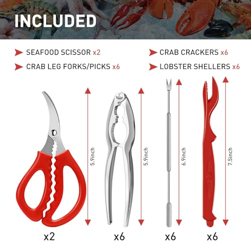 CasaCulina Crab Crackers and Tools, 20 Pcs Seafood Tools Set includes 6 Crab Crackers, 6 Lobster Shellers, 6 Crab Leg Forks/Picks, 2 Seafood Scissors and Storage Bag, Nut Crackers Set for Crab Legs