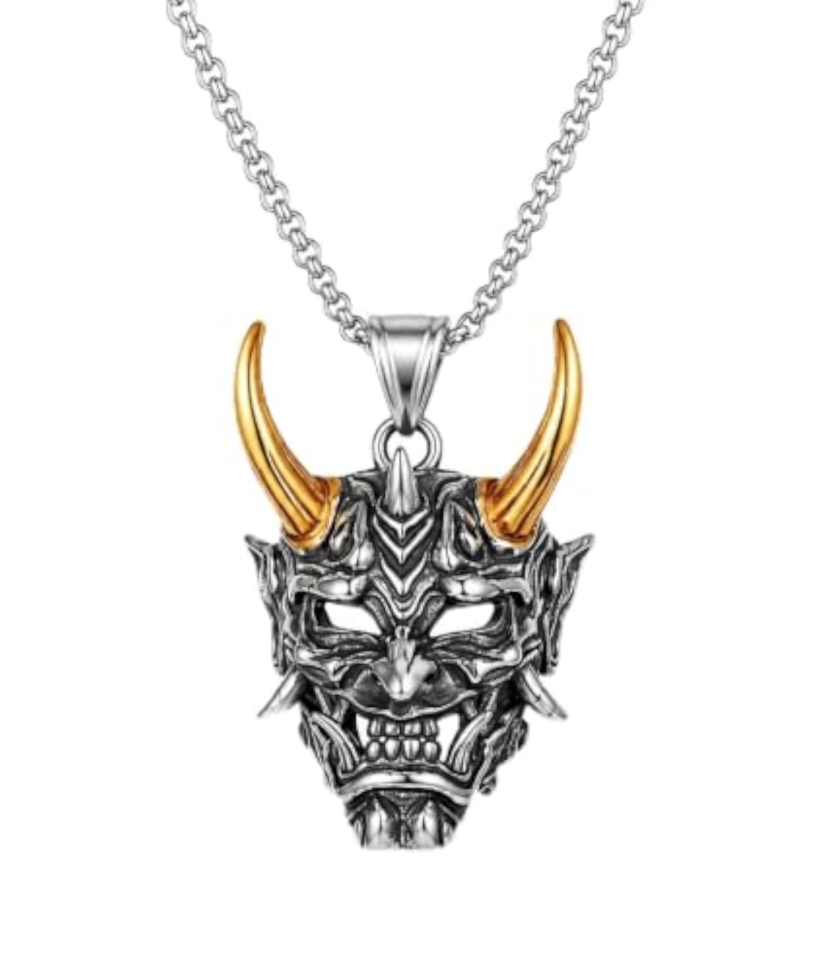 Oni Demon Mask Pendant Silver Chain for Men