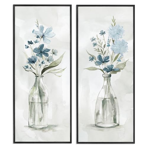 Elegant Indigo Lilac Flower Jars, 10 x 24 Inch Framed Giclée Print Set