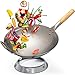 Flavemotion Wok + Wokring für Gasherd, Grill (Runder Boden, 36 cm groß) handgehämmerter Wok aus Karbonstahl mit Holzgriff inkl. Wokring zum Abstellen