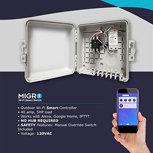 Migro Outdoor Smart Wi-Fi Outlet Box, Heavy Duty 50A Resistive 120Vac 40A 5Hp Wireless Pump Control Timer Switch, Compatible With Smart Phone, Alexa, Google Home, Ifttt Ul Listed #TOP2