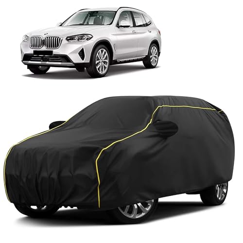 Image of Sulfar 100% Water Resistant Car Body Cover Compatible with Mirror for BMW X3 (Triple Stitched, Full Bottom Elastic, Black Taffeta with Yellow Piping)