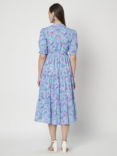 Image of PIDAVLIYA'S Women's Floral Summer Maxi Dress I Cotton Printed I One Piece Bodycon Midi Dress with V-Neck, Puffed Sleeves