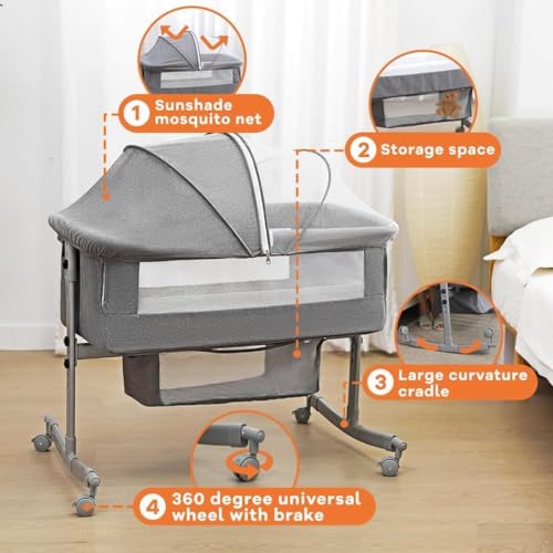 Bedside Crib for Baby, 3 in 1 Bassinet with Large Curvature Cradle, Bedside Sleeper Adjustable and Movable Beside Bassinet with Mosquito Nets, Safety Certificattion Guarantee