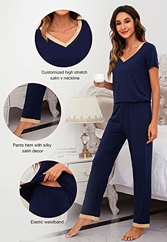 Wiwi Womens Bamboo Pajamas Set Short Sleeve Tops With Pants Pjs Soft V Neck Sleepwear Lightweight Loungewear S-3X, Navy, Small #TOP3