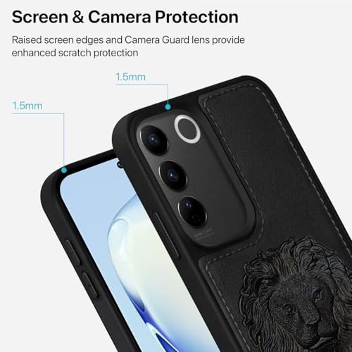 Image of Vaku Luxos Lion Embossed Back Cover Case for Vivo V27 5G Premium Leather Stitched Soft Shockproof Protective TPU Phone Case Camera Screen Protector- Black