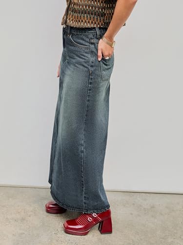 CIDER Denim Mid Waist Solid Pocket Maxi Skirt3