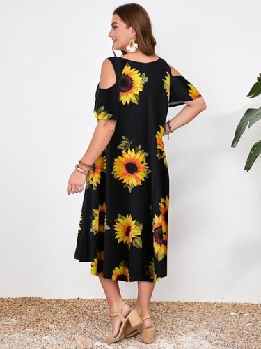 Image of LARACE Plus Size Women Dress for Summer, Midi Women's Sundress, Casual V-Neck Short Sleeve Flowy T-Shirt Dresses with Pockets