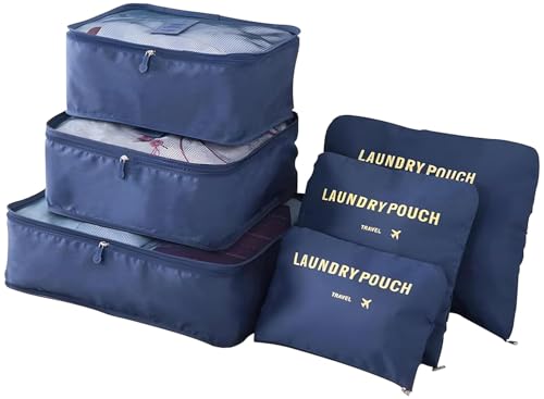 Image of 6 in 1 Polyester Secret Pouch Travel Bag Packing Cubes Laundry Bag with Undergarments & Cloth Storage Organizer Travelling Set /Suitcase Cloth Cube Bag (DARK BLUE 6 in 1 Travel Bag)