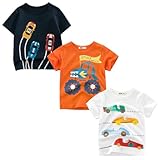 Tshirt Kinder Jungen Kurzarm Cartoon Bagger T Shirt 3er Pack Kleinkind Jungs Baumwolle Atmungsaktiv Sommer Oberteile 4 Jahre Marine+Weiß+Orange 4T/110