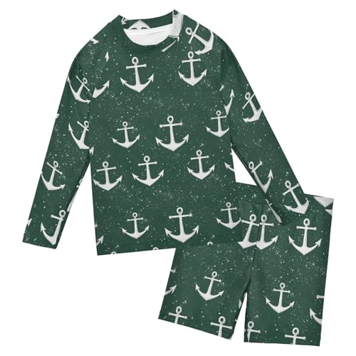 Green Anchor Boys Rash Guard Swimsuits Set for Boys Long Sleeve Swim Shirts Bathing Suits with Trunks B0404856