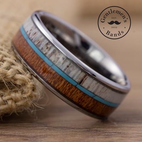 Men's Silver Tungsten Carbide Wedding Band - Premium Tungsten Ring With Turquoise, Deer Antler & Koa Wood Inlay - Includes Silicone Band, Leather Drawstring Pouch, & Luxury Walnut Box2