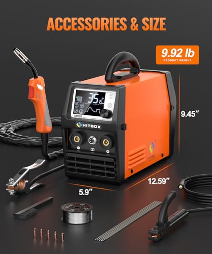 Image of HITBOX 140A MIG Welder 110V /220V, Flux Core Welder /Stick ARC /Lift Tig /Spool Gun 4 in 1 Gasless Mig Welding Machine with LCD Display Synergy Dual Voltage IGBT Inverter Welder (HIM200)