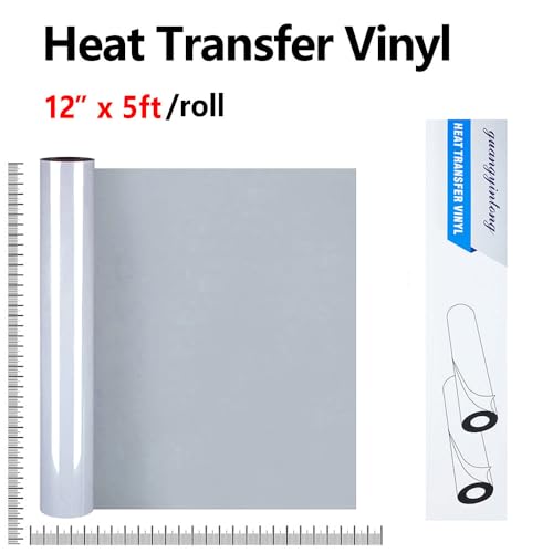 Image of guangyintong Gray Heat Transfer Vinyl HTV Rolls, 12 inch x 5ft Gray Iron on Vinyl for T Shirts, Glossy Surface HTV Vinyl for All Cutter Machine Easy to Cut & Weed for Heat Vinyl Design
