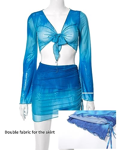 Image of Women's Sexy Long Sleeve Two 2 Pieces Outfits Sheer Mesh Mini Dress Skirt Set Top V Neck Backless Ruched Bodycon Cover Up