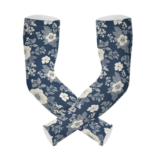 HXshaoye White Web Leaves Flowers Navy Boho UV protection arm protection sleeves arm sleeves sun&uv two way wearing styles cubre brazos