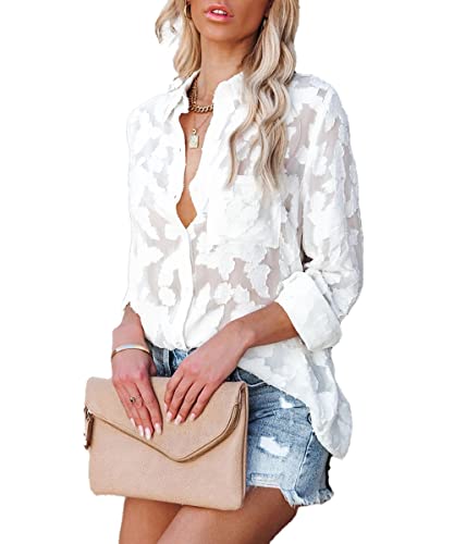Sunshine swing Women's White Elegant Sexy See Through Blouse Shirt Long Sleeve Jacquard Turn-Down Button Down Shirt Top