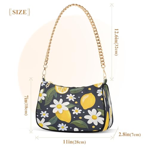 Image of Shoulder Bags for Women Vintage Yellow Lemon Fruit and Blue Print Hobo Tote Handbag Small Clutch Purse with Zipper Closure