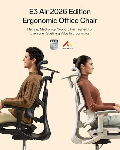 Image of Hbada E3 Air 2026 Ergonomic Office Chair, 3-Zone Lumbar Support, Comfy Home Office Chair with Auto Recline, 4D Headrest & Armrests, 140 Tilt for Work & Relax, Black