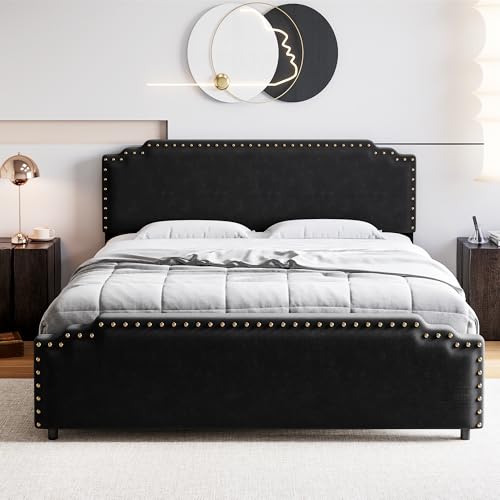 GarveeHome Full Size Bed Frame with Storage Drawers — Velvet Upholstered Platform Bed with Vintage Headboard, Wooden Slat Support, Noise-Free, No Box Spring Needed, Beige Beige Full