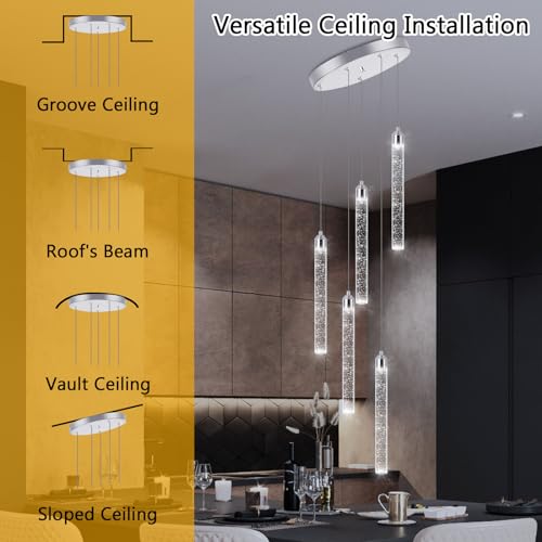 Image of 5 Light Mini Chandelier LED Pendant Lighting for Kitchen Island Modern Bubble Crystal Pendant Light Adjustable Pendant Light Fixture Chrome Ceiling Handing Lights for Dinning Room Bedroom 2700K 6000K