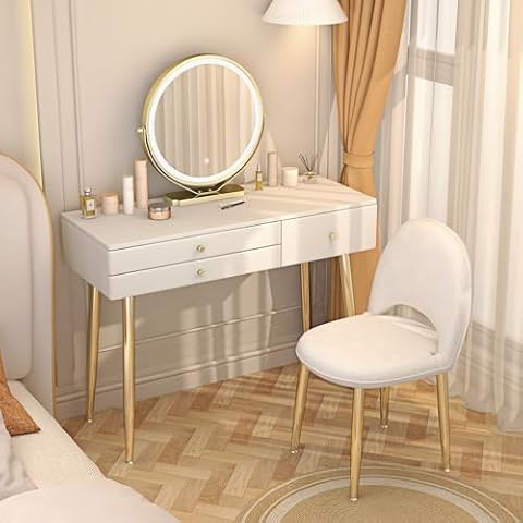 Homebeez Vanity Desk with Mirror and Lights, 360° Rotable & Removable Vanity Mirror, 39" Vanity Table Set with 3 Drawers, 3 Lighting Modes, Adjustable Upholstered Stool for Bedroom, White Cover